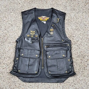 VTG Harley Davidson Leather Vest Womens Medium Black Zip Biker Motorcycle USA - Picture 1 of 16