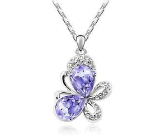 European Fashion Purple Crystal Silver Butterfly Pendant Necklace Jewelry