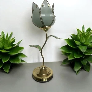 Vintage Tulip Lotus Flower Glass Touch Green Petal Gold Tone Lamp - Working - Picture 1 of 10