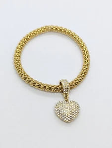 Gold Tone Mesh Bracelet With Rhinestone Heart Charm, Heart Charm Bracelet - Picture 1 of 4