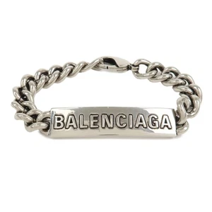 BALENCIAGA Logo Plate Metal Chain Bracelet Silver Authentic Used F/S - Picture 1 of 13