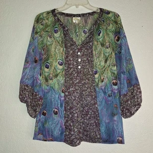 Fig and Flower Anthro Women's Peacock Semi Sheer Blouse Sz Small - Picture 1 of 10