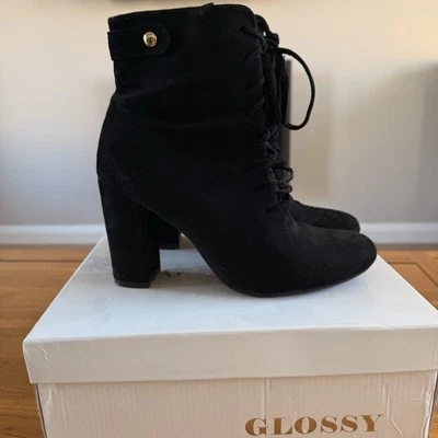 Glossy faux suede black ankle boot UK 6 Eu 39 With Box - Image 1 of 4