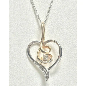 BI-COLORED GOLD & DIAMOND HEART PENDANT NECKLACE SKY - Picture 1 of 8