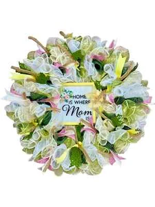 Deco Mesh Wreath 20" Door Hanger Home Is Where Mom Mother's Day Spring Floral - Picture 1 of 13