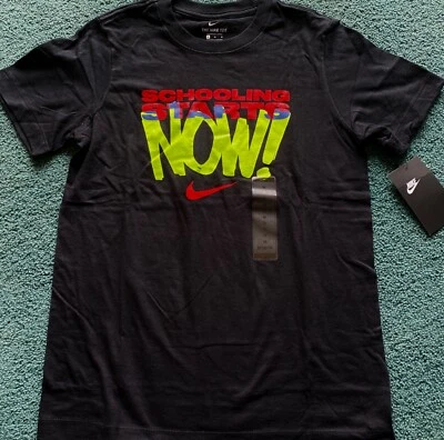NWT Nike Boys YXL Black/Red/Neon Yellow/Blue SCHOOLING STARTS NOW! Shirt XL - Image 1 of 2