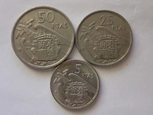 3 x 1957 SPAIN COINS, 50, 25 & 5 PESETAS CUPRO NICKEL COINS EXCELLENT CONDITn - Picture 1 of 2