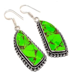Copper Green Turquoise Gemstone 925 Sterling Silver Earring 2.3" j959 - Picture 1 of 7