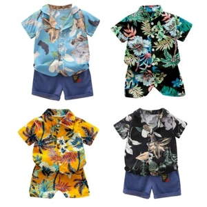 Toddler Kids Boys Leave Floral Short Sleeve Shirt Top+Shorts Hawaiian Outfit - Picture 1 of 17