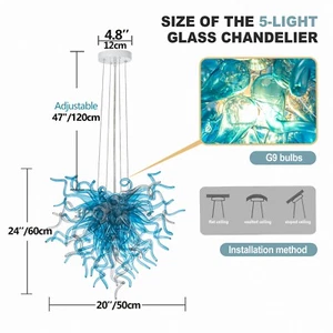 Handmade Blown Glass Chandelier Blue Shade Ceiling Light Fixture Lighting - Picture 1 of 17