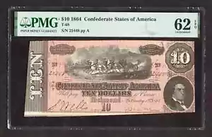 1864 $10 T-68 Confederate States of America Note - PMG 62 EPQ-SEE STORE WW2 MEDA - Picture 1 of 2