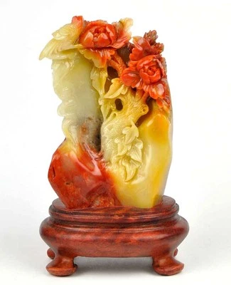 Natural ShouShan Stone Bird Flower Statue Sculpture /Agalmatolite Carving - image 1 of 4