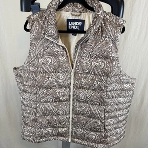 Lands End Women’s 2X (20W-22W) Zip Down Puffer Vest - Cream With Brown Paisley - Picture 1 of 4