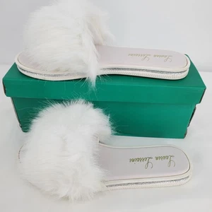 Lauren Lorraine Womens M=8 Fluffy White Faux Fur Flat Slides/Slippers New - Picture 1 of 6