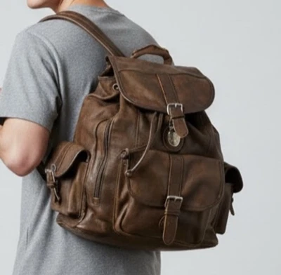 Mochila Mochila de Cuero de Vaca Marrón Bolso de Viaje Cordón Multi Bolsillo Grande Foto 1 de 4