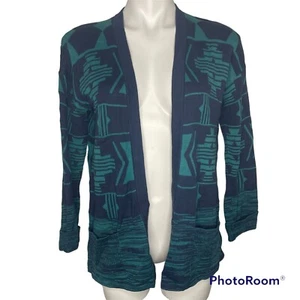 Heather B. Aztec Cardigan Sweater M Blue Teal 3/4 Sleeves Pockets Cotton - Picture 1 of 7
