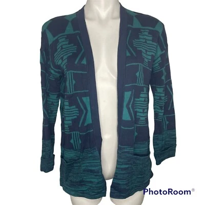 Heather B. Aztec Cardigan Sweater M Blue Teal 3/4 Sleeves Pockets Cotton - Image 1 of 4