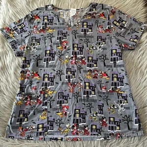 Disney Mickey Mouse Halloween Scrub Top Womens Size Large Gray Work Shirt - Picture 1 of 6