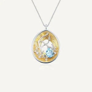 Natural Swiss Blue Topaz Gemstone 925 Sterling Silver Handmade Pendant Necklace - Picture 1 of 5