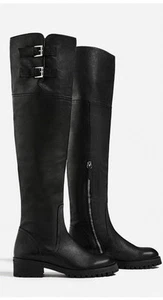 Zara Women’s Over- The- Knee Leather Flat Boots Black 5 - Picture 1 of 6