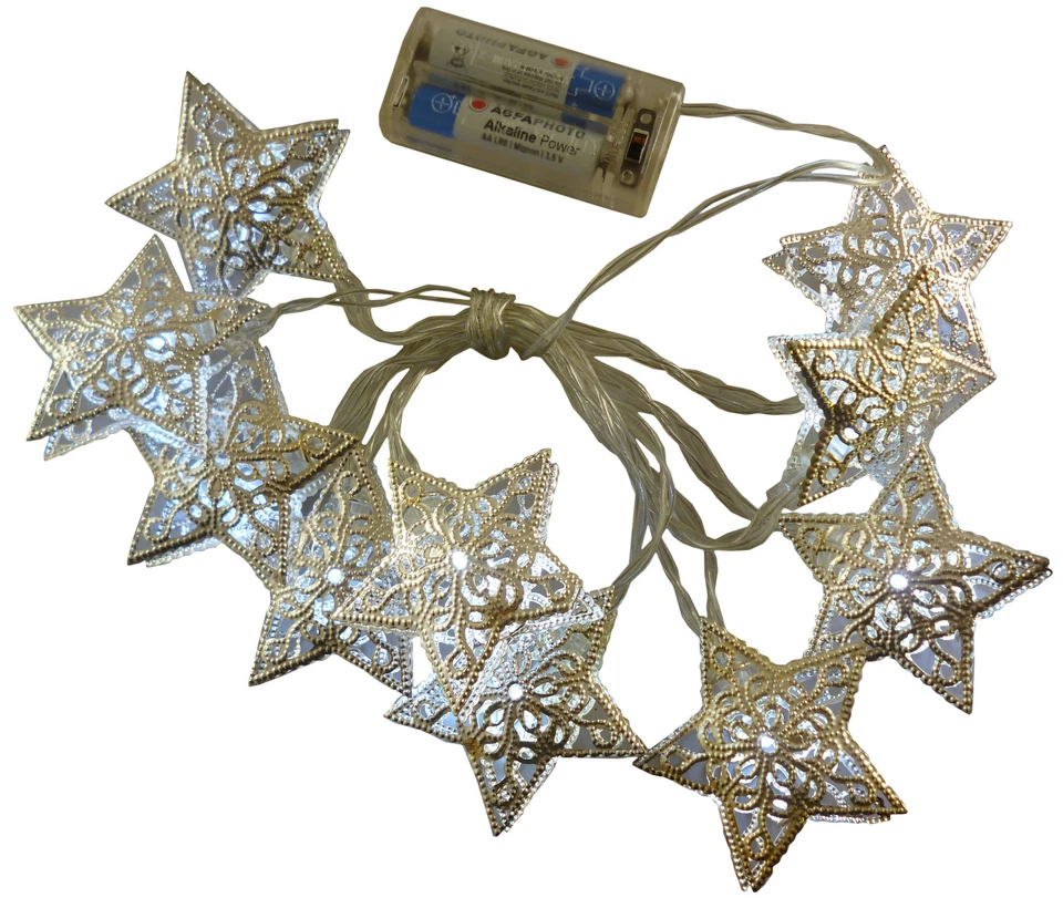 10 Silver Metal Star Lights - White LEDs - 1.5m - Battery Operated (L204) - Image 1 of 1