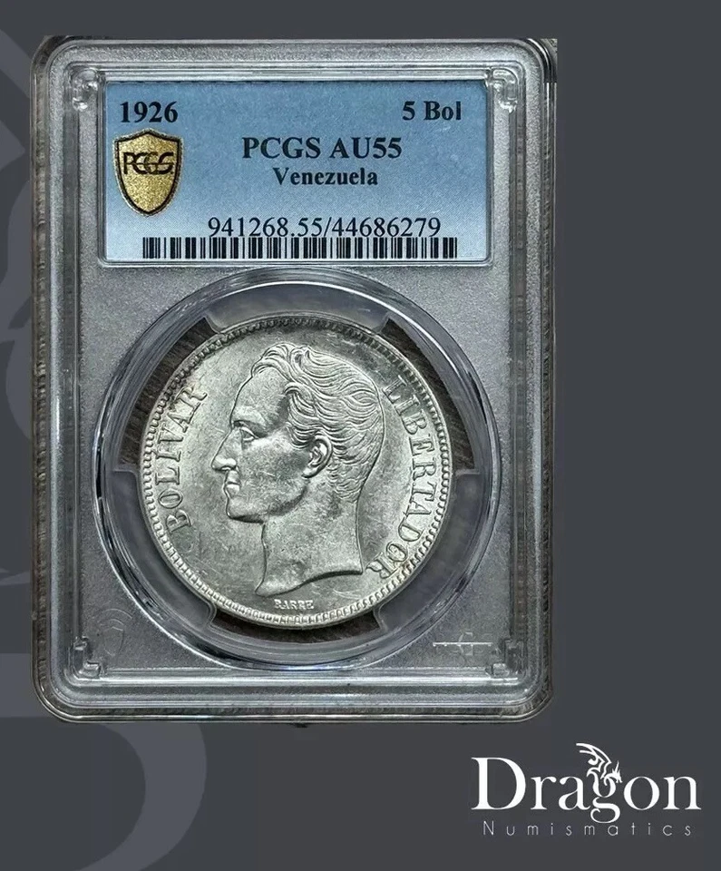 MONEDA DE PLATA ANTIGUA VENEZUELA 5 BOLÍVARES 1926 AU 55 0,900 PCGS 🐉 Foto 1 de 4
