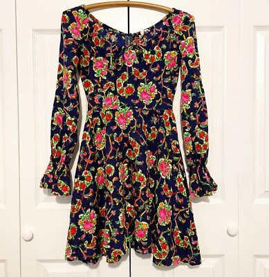 Винтажное оригинальное мини-платье Lanz размер 7 с длинным рукавом психоделический цветочный принт - Изображение 1 из 4