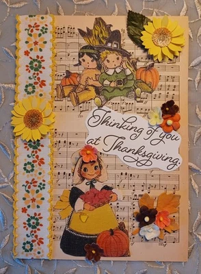 🦃 🦃Handcrafted Embellished CUTE Kitschy THANKSGIVING Greeting Card OOAK 5x7  - Image 1 of 3