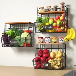 Fruit Basket for Kitchen with Wood Lid - Counter&Wall Mounted Onion and Potato S - Picture 1 of 12
