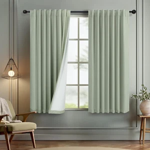 Living Room Green Black Out Curtains 63 Inch Long 2 Panel Thermal Insulated Heat - Picture 1 of 9