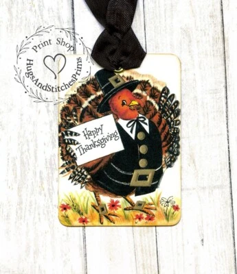 Hang Tags RETRO HAPPY THANKSGIVING PILGRIM TURKEY TAGS or MAGNET #93 Gift Tags - Image 1 of 4