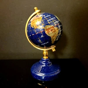 Mappamondo da scrivania pietre preziose del mondo semiprezioso intarsiato 6” lapislazzuli abalone perla - Foto 1 di 7