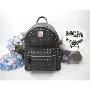 MCM Black Studded Viisetos Leather Backpack Book Bag NWT - Picture 1 of 8