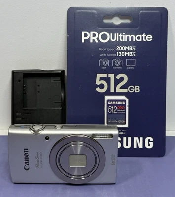 Canon PowerShot ELPH 180 20MP 8x Zoom Silver Canon Charger W/ 512gb SD Card - Image 1 of 4