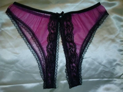 Vintage 80s Sheer Pink Raspberry Chiffon Black Lace Crotchless Panties S/M EUC - Image 1 of 4