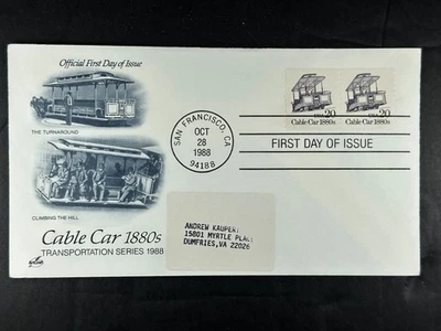 US FDC Cable Car 1880s FDC San Francisco 1988 Transportation Series Pair 20 a819 - Image 1 of 2