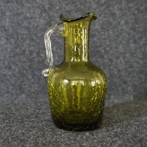 Vintage Hand Blown Crackle Glass Green Mini Vase Pitcher Ruffled Top CHIP *READ - Picture 1 of 17