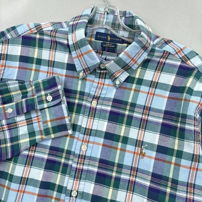 Camisa Ralph Lauren Para Hombres 2XL Verde Azul A Cuadros Calce Ajustado Elastizada Oxford Con Botones Foto 1 de 4