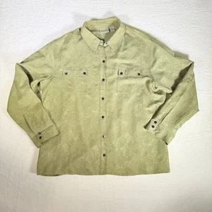 Chicos Shirt Womens Size 2 Green Silk & Linen Textured Paisley Button Pocket - Picture 1 of 7