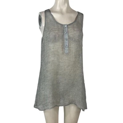 EILEEN FISHER - WOMEN'S PM - GRAY SHEER ROUND NECK LINEN BLEND TANK BLOUSE - Image 1 of 4