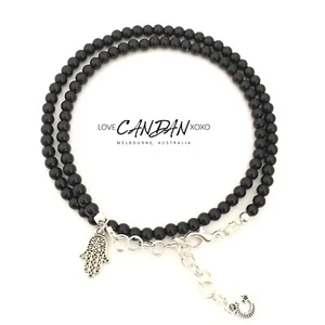 Anklet Double Wrap Black Onyx Gemstones Charm Hamsa Hand Clover Bohemian Gypsy - Picture 1 of 5