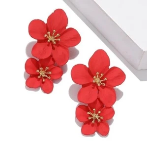 Red Women Boho Flower Earrings Fashion Statement, Drop Dangle Stud Earrings - Picture 1 of 3