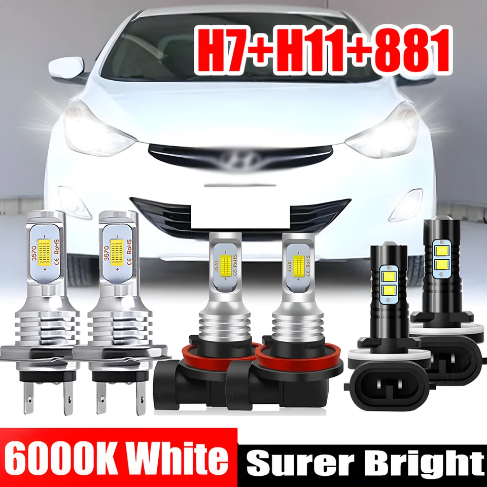 6x For Hyundai Elantra 2013-2018 Combo LED Headlight Hi Lo Beam Fog Light  Bulbs - Image 1 of 4