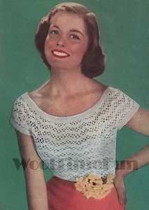 Vintage Häkelanleitung Damen 50er Jahre Glamour Off-Shoulder U-Ausschnitt Top. - Bild 1 von 2