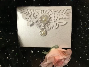 WEDDING INVITATION VINTAGE WHITE PEARL SPARKLE BOHO POCKET 4 CARD LASER CUT - Picture 1 of 10