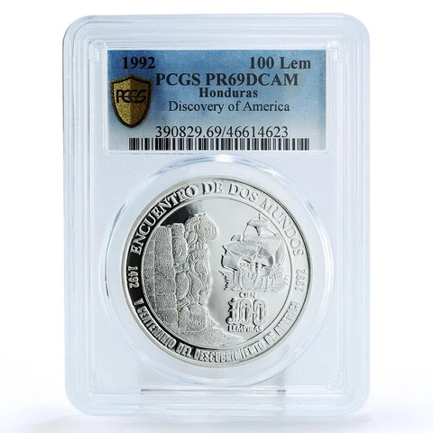 Honduras 100 lempiras Discovery of America Ship Monument PR69 PCGS Ag coin 1992 Cover