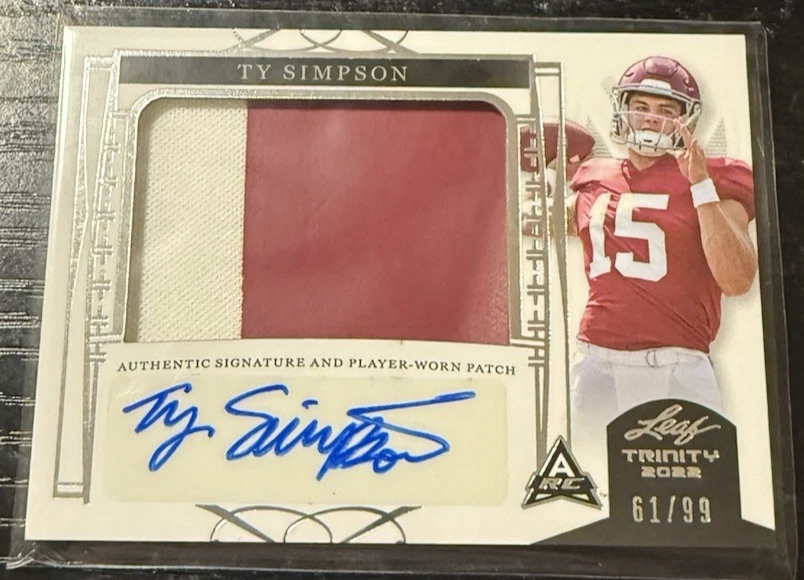 2022 Leaf Trinity Football Player Worn Patch Silver Foil Auto 61/99 Ty Simpson - Image 1 of 3