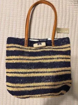 NEW Mar Y Sol Tote Blue and Beige Beach Vacation Bag, Leather Shoulder Straps - Image 1 of 4