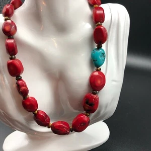 Vintage Chunky Coral and Turquoise Accent Stone Necklace Toggle Clasp - Picture 1 of 8