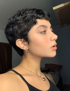 Short Black Pixie Cut Wigs Human Hair Wigs Wave Curly Hair Machine Made Natural - Picture 1 of 18